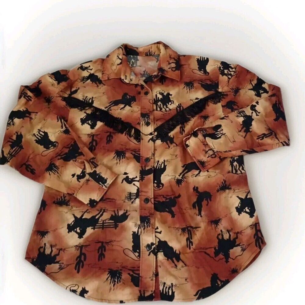 Vintage Western Fringe Shirt Cowboy Rodeo Cactus Print Long Sleeve Button Up